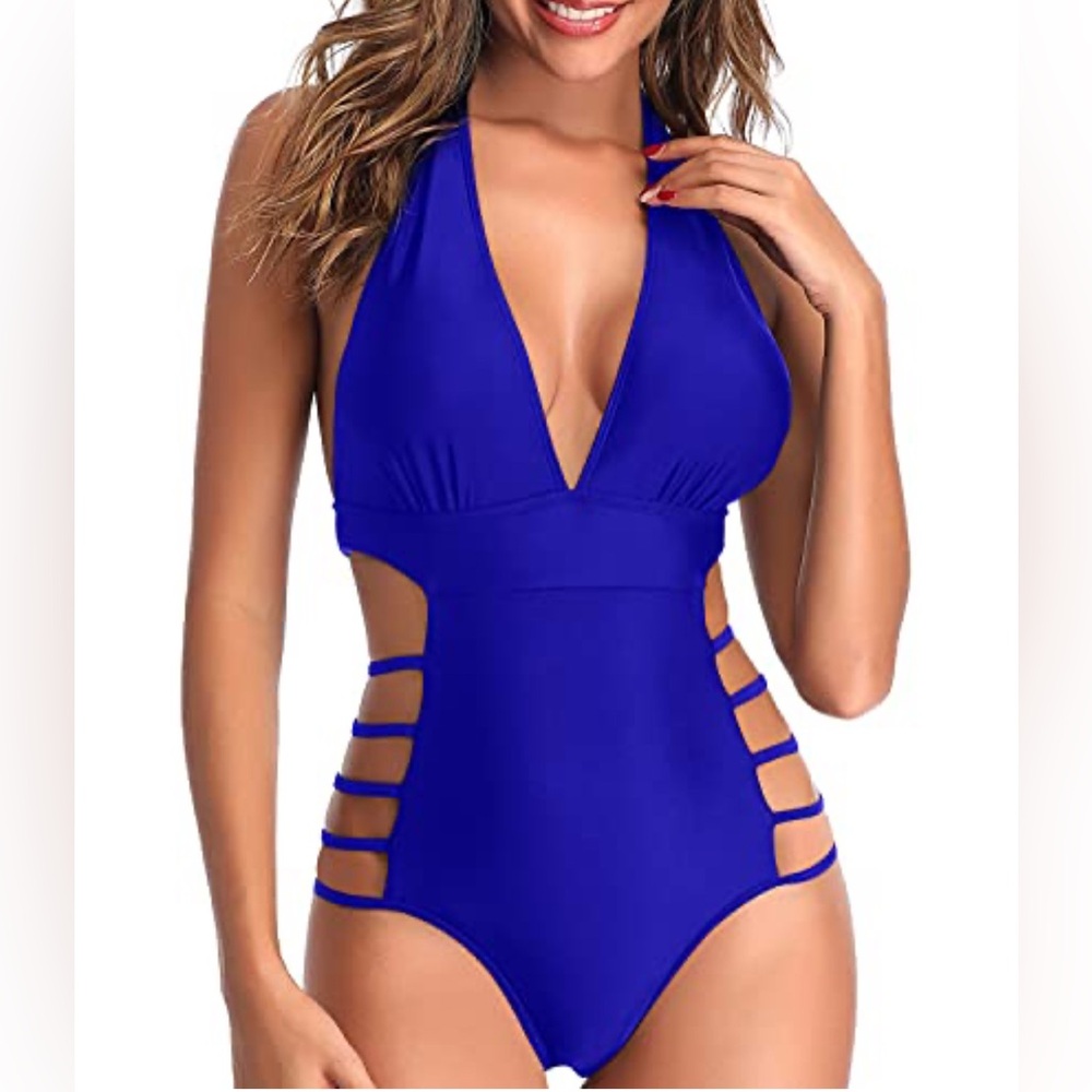 NWT Yonique Chic Halter Blue One-Piece Swimsuit